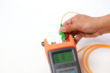 Professional testing of fiber optic connections OTDR meter. Measurement of the throughput of the...