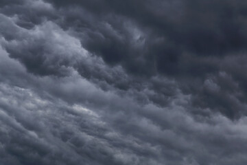Storm sky with dark grey cumulus clouds background texture, thunderstorm