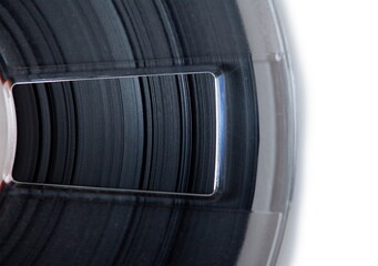 High magnification macro of vintage tape edges on a open tape reel.