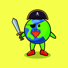 Cute cartoon mascot character earth pirate with hat and holding sword in modern design for t shirt, sticker, logo element