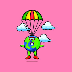 Cute mascot cartoon Earth is skydiving with parachute and happy gesture cute modern style design for t-shirt, sticker, logo element