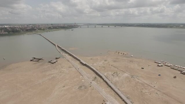 fly downward the Kampong Cham bamboo bridge in Cambodia is the world&rsquo;s longest bamboo bridge