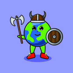 Cute cartoon character Earth viking pirate with hat and holding ax and shield in modern design for t-shirt, sticker, logo element, poster
