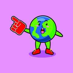 Cute Cartoon Earth with foam finger glove in modern design for t-shirt, sticker, logo element