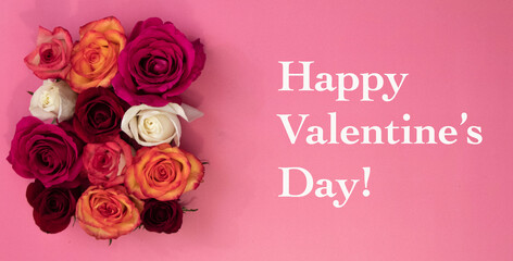 Bunch of rose flowers with pink background, and Valentine's Day Text in white.