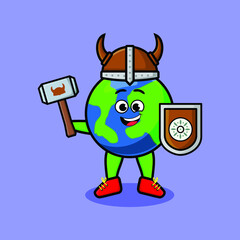Cute cartoon character Earth viking pirate with hat and holding hammer and shield in cute style design for t-shirt, sticker, logo element, poster