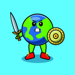 Cute cartoon character Earth viking pirate with hat and holding sword and shield in cute modern style design for t-shirt, sticker, logo element, poster