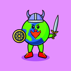 Cute cartoon character Earth viking pirate with hat and holding sword and shield in cute modern style design for t-shirt, sticker, logo element, poster