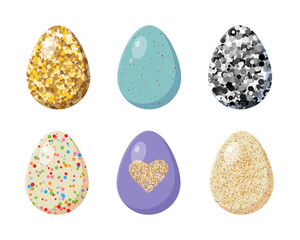 Easter eggs set, gold, glitter, dots, hearts flat design isolated on white background.
