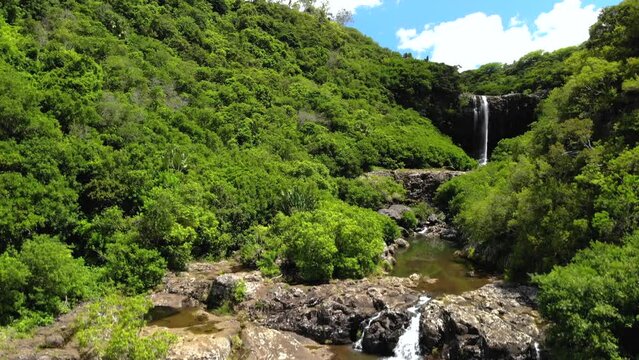 Aerial shot of 7 cascade waterfalls in Mauritius