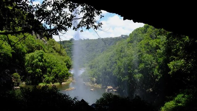 Behind the waterfall view at cascades in Mauritius