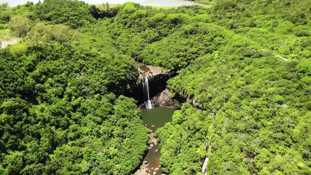 Aerial shot of 7 cascade waterfalls in Mauritius