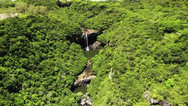 Aerial shot of 7 cascade waterfalls in Mauritius