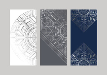 Set of white, grey and dark blue cards with silver art deco ornament - obrazy, fototapety, plakaty