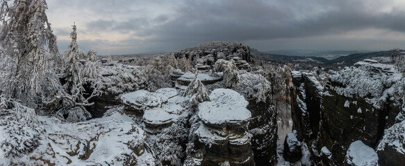 Evening winter view of Tiske steny rocks, Czechia