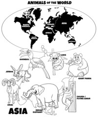educational illustration with cartoon Asian animals color book page