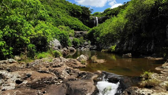 Aerial shot of 7 cascade waterfalls in Mauritius