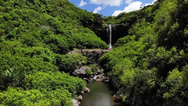 Aerial shot of 7 cascade waterfalls in Mauritius