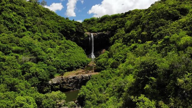 Aerial shot of 7 cascade waterfalls in Mauritius