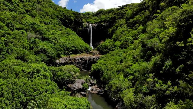 Aerial shot of 7 cascade waterfalls in Mauritius