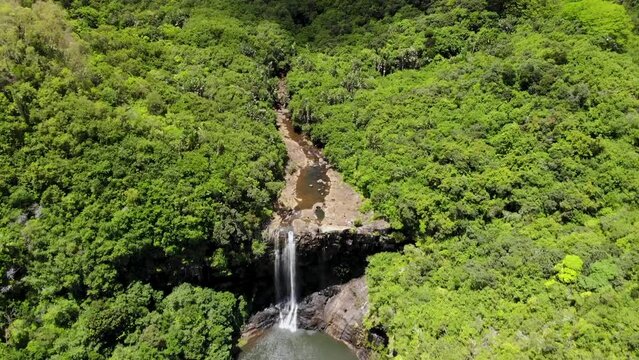Aerial shot of 7 cascade waterfalls in Mauritius