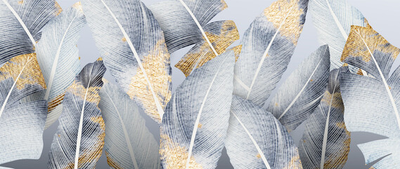 Naklejki  Luxury background with watercolor feathers in line art with gold decor. Pattern in blue tones for the design of invitations, packaging, weddings