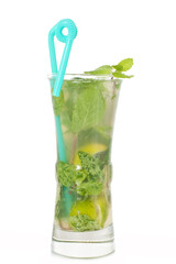 Mojito cocktail with lime and mint in a glass. A glass of mojito on a white background.