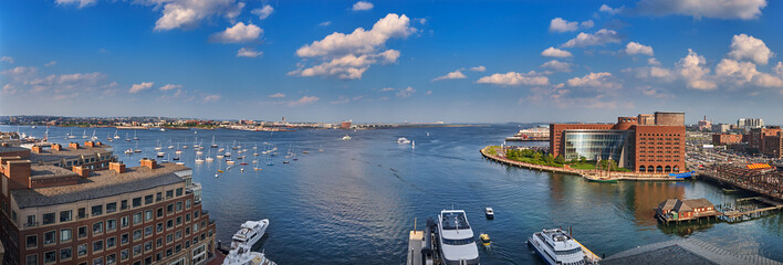 Sunny Boston Harbor with Logan Airport's control tower int he background - obrazy, fototapety, plakaty