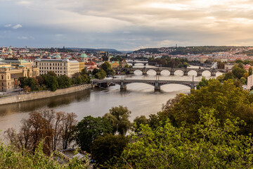 Fototapeta na wymiar Aerial view of bridges over Vltava river in Prague, Czech Republic