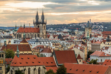 Obraz premium Skyline of Prague with the Church of Our Lady before Tyn and Old Town Hall tower, Czech Republic