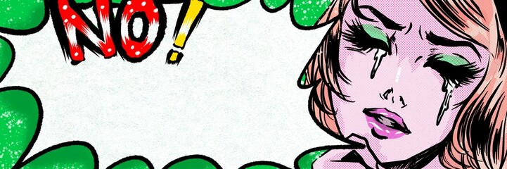 American comic’s blonde hair woman who is crying with speech bubble	