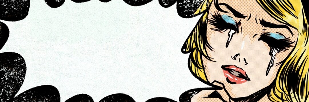 American comic&rsquo;s blonde hair woman who is crying with speech bubble	
