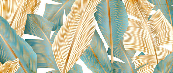 Luxury background with feathers in gold and blue colors in line art. Pattern for the design of invitations, packaging, weddings