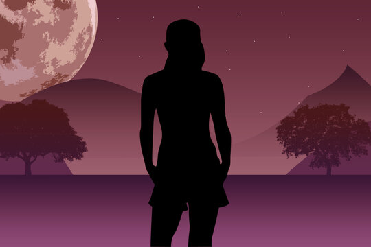 mujer en el campo de el bosque con l aluna de fondo