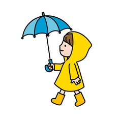 青い傘をさす黄色いカッパを着た子供のイラスト