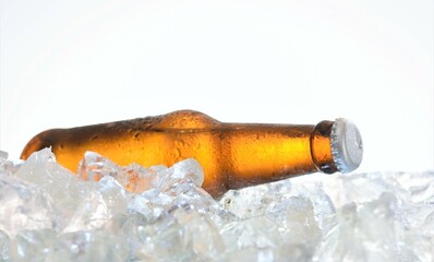 beer bottle chill in ice isolated white background