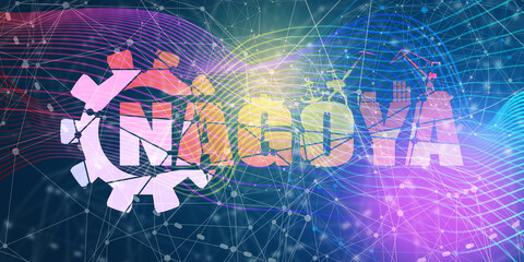 Gear with sea shipping relative silhouettes. Calligraphy inscription. Nagoya city name text