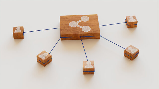 Network Technology Concept with share Symbol on a Wooden Block. User Network Connections are Represented with Blue string. White background. 3D Render.