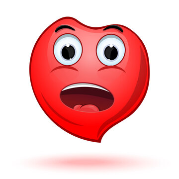 Astonished emoji red heart. Cartoon icon heart. Emoji red heart opened his mouth in surprise. Vector illustration