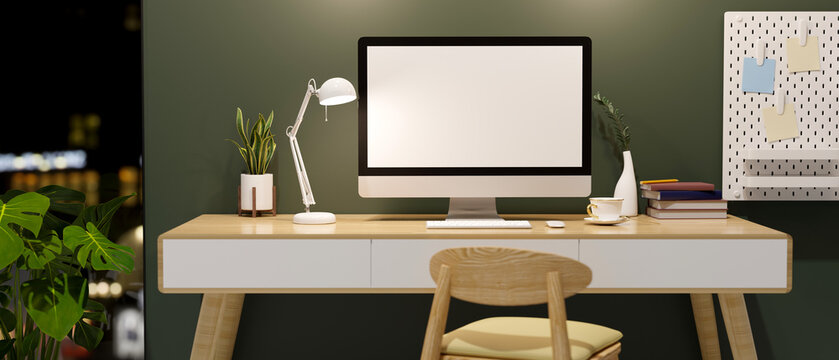 Modern contemporary home office workspace with pc desktop computer.