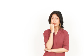Fototapeta premium Afraid , nervous and bite nails Of Beautiful Asian Woman Isolated On White Background