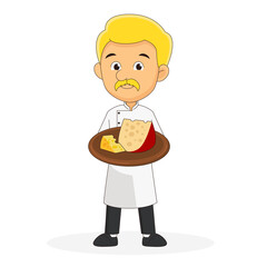 Cheesemaking. male cheesemaker in apron. man with tray.