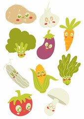 Cute Vegetable Characters Doodle Illustration Set