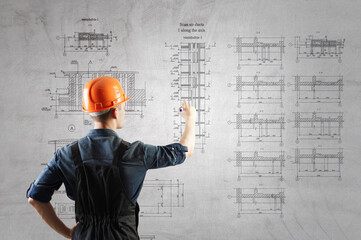 Construction industry concept with drafts and plans . Mixed media