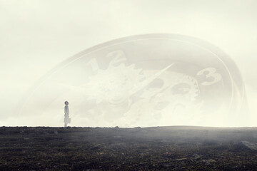 Back view of young businessman while standing with mist background