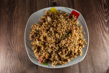 chaufa chicken rice with giblets and sausage slices