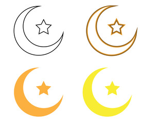 Illustration, half moon and stars, 4 designs. Outline, gold, orange and yellow.
For brochures, emblems, Ramadan, business cards, backgrounds.