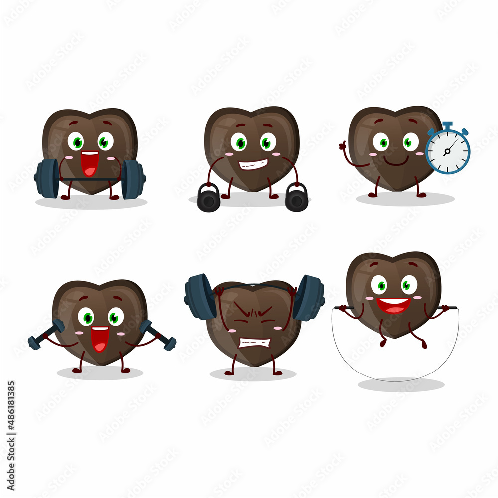 Sticker A healthy love chocolate candy cartoon style trying some tools on Fitness center