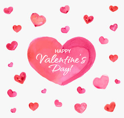 Happy Valentines Day Banner, Beautiful Background with Watercolor Hearts, Lettering and Aquarell