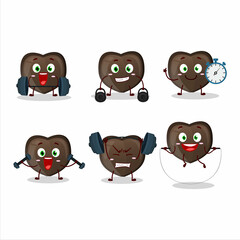 A healthy love chocolate candy cartoon style trying some tools on Fitness center